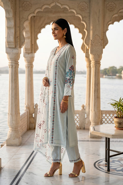 Blue Embroidered Chanderi Jacquard Straight Kurta With Pants And Dupatta Set