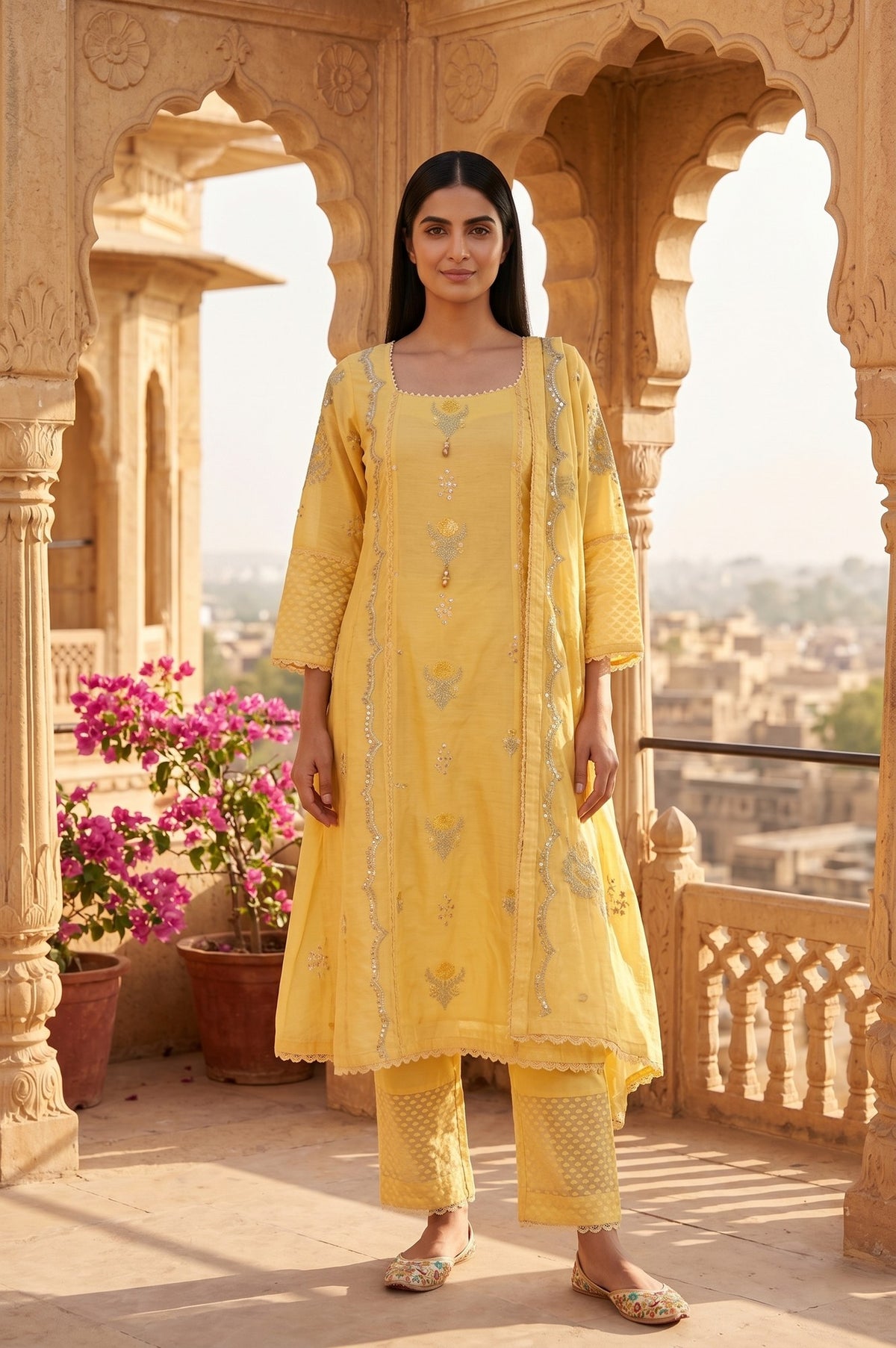 Yellow Sequins Embroidered Cotton Chanderi Straight Kurta with Straight Pants and Dupatta Set - S