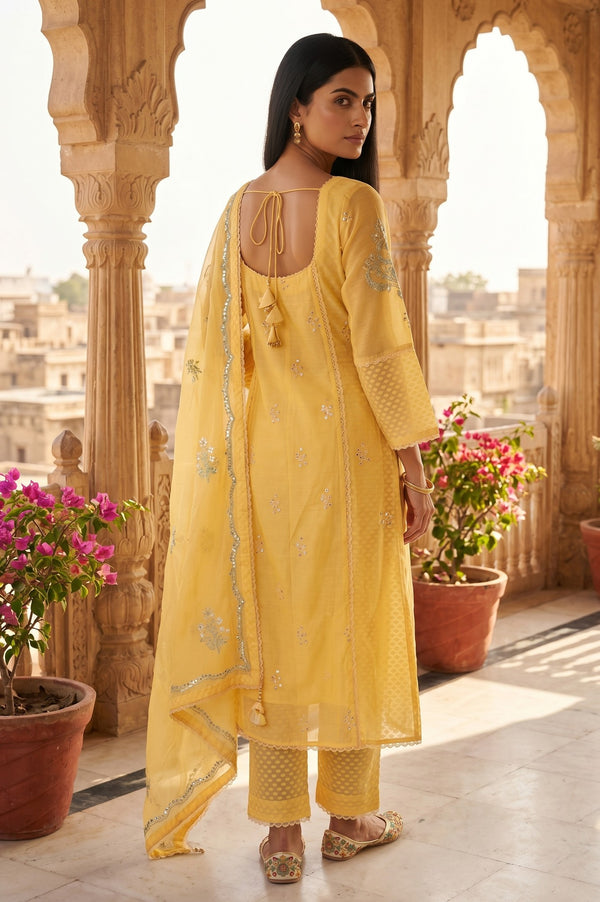 Yellow Sequins Embroidered Cotton Chanderi Straight Kurta with Straight Pants and Dupatta Set
