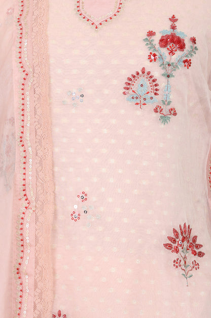 Peach Thread Embroidered Organza Straight Kurta With Pants and Dupatta Set