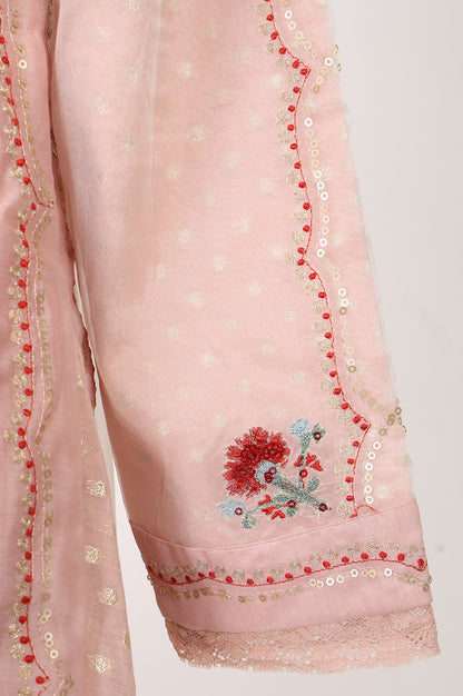 Peach Thread Embroidered Organza Straight Kurta With Pants and Dupatta Set
