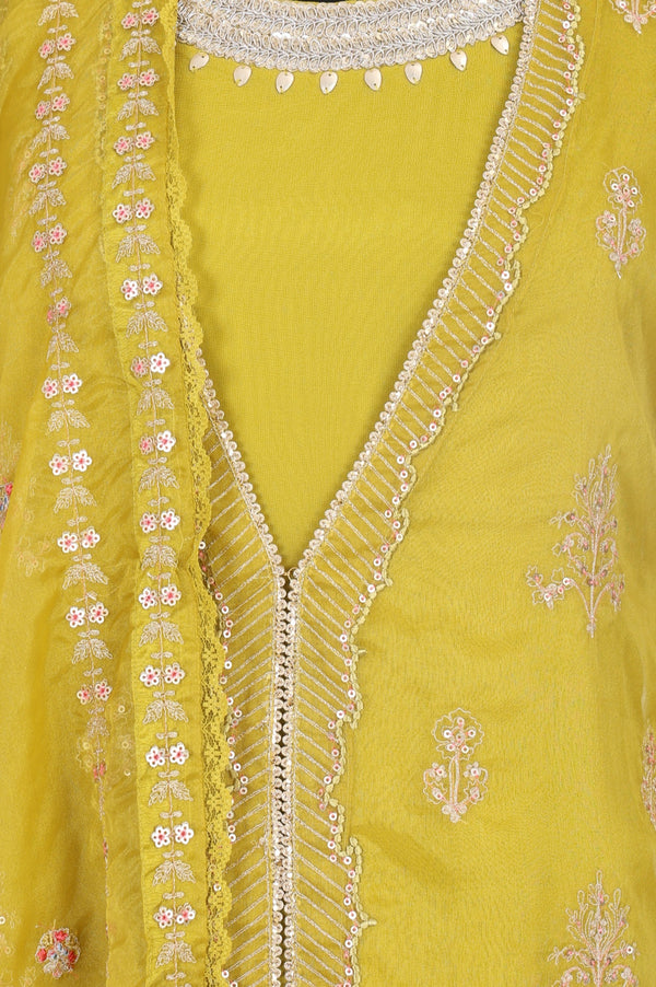 Yellow Sequins Thread Embroidered Georgette Straight Dress with Pants, Dupatta and Jacket Set