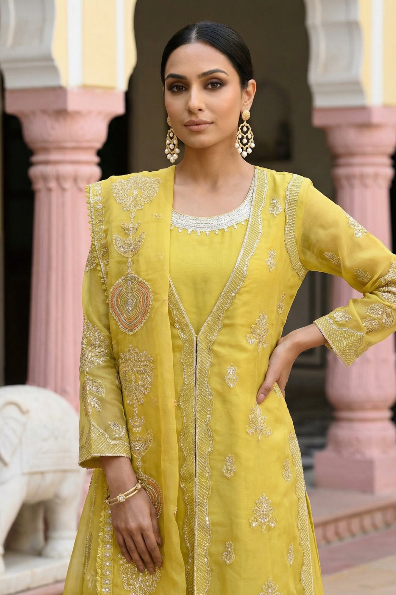 Yellow Sequins Thread Embroidered Georgette Straight Dress with Pants, Dupatta and Jacket Set