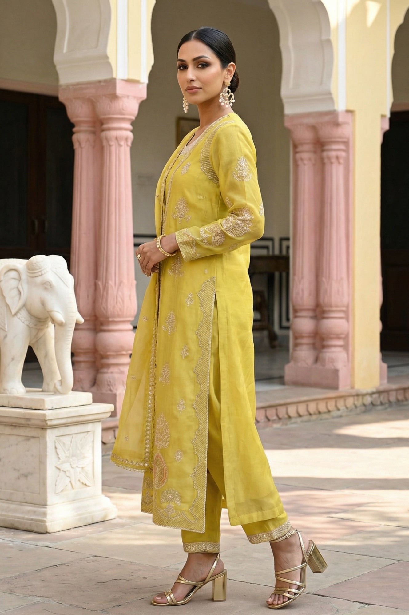 Yellow Sequins Thread Embroidered Georgette Straight Dress with Pants, Dupatta and Jacket Set
