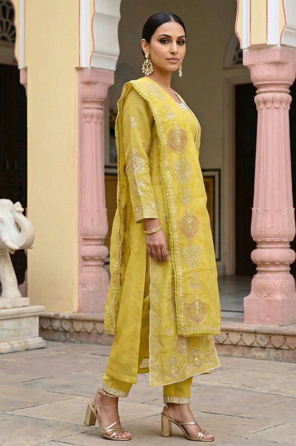 Yellow Sequins Thread Embroidered Georgette Straight Dress with Pants, Dupatta and Jacket Set