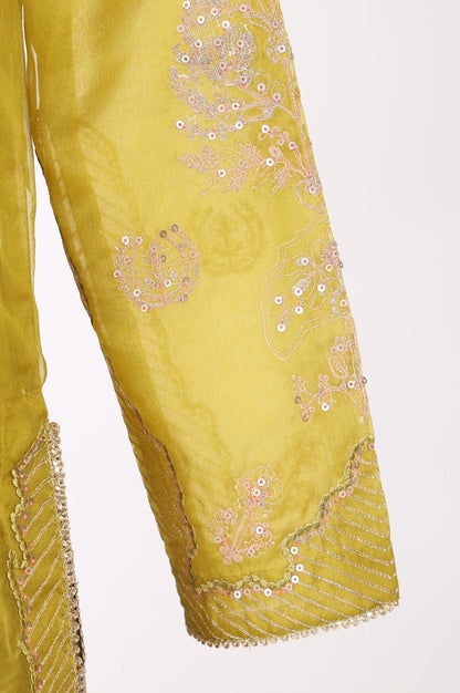 Yellow Sequins Thread Embroidered Georgette Straight Dress with Pants, Dupatta and Jacket Set