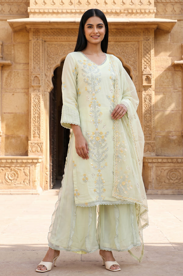 Sea Green Embroidered Straight Organza Kurta With Culottes and Dupatta Set