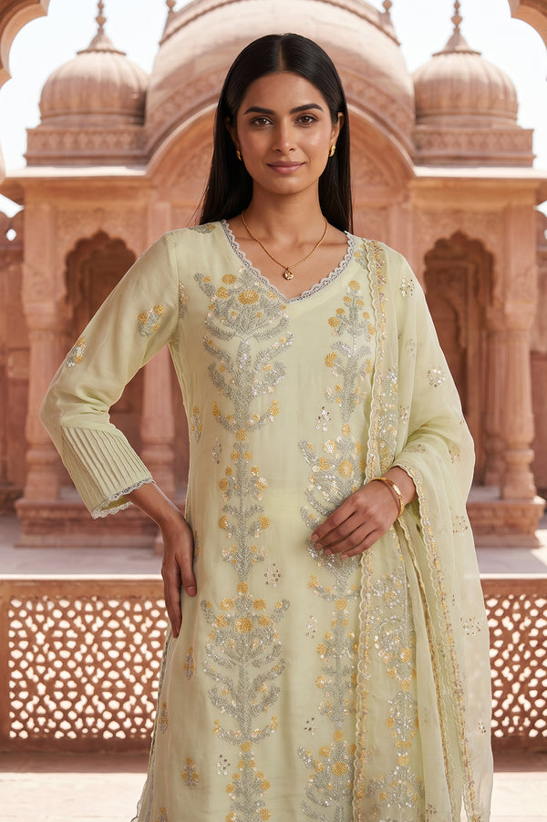 Sea Green Embroidered Straight Organza Kurta With Culottes and Dupatta Set