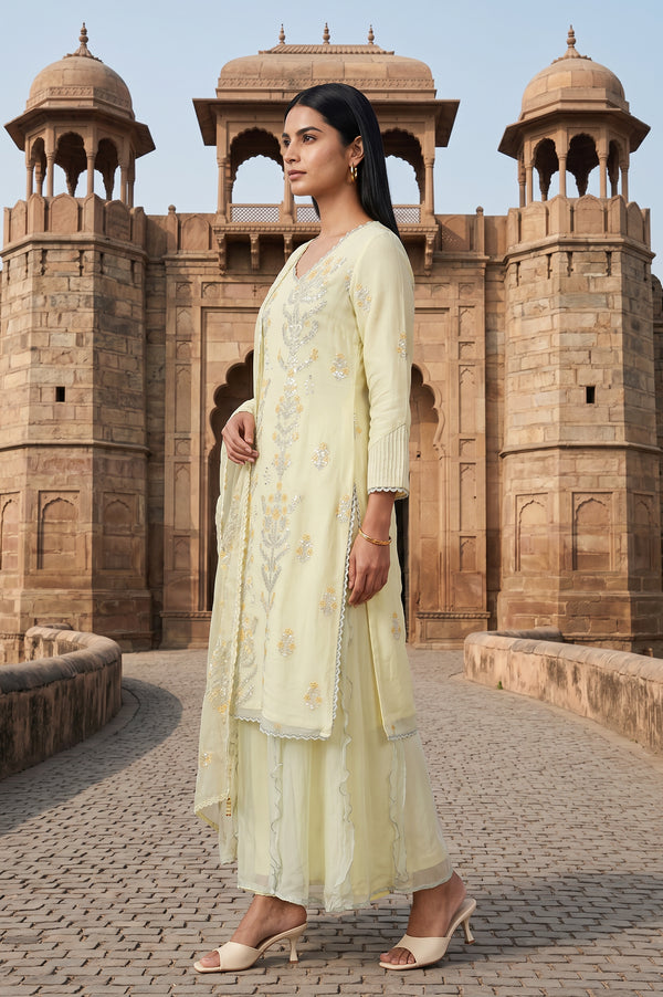 Sea Green Embroidered Straight Organza Kurta With Culottes and Dupatta Set