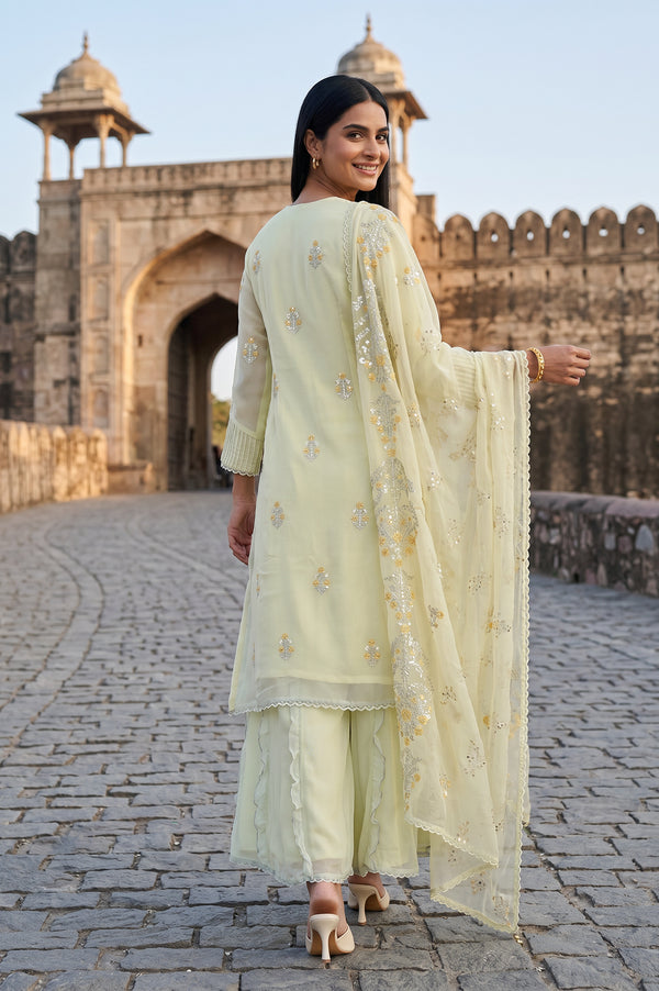 Sea Green Embroidered Straight Organza Kurta With Culottes and Dupatta Set