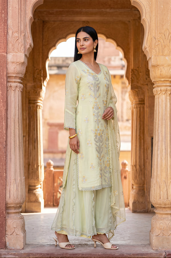 Sea Green Embroidered Straight Organza Kurta With Culottes and Dupatta Set