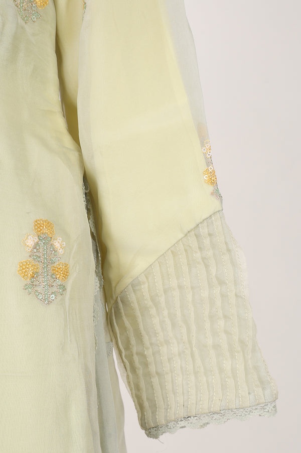 Sea Green Embroidered Straight Organza Kurta With Culottes and Dupatta Set