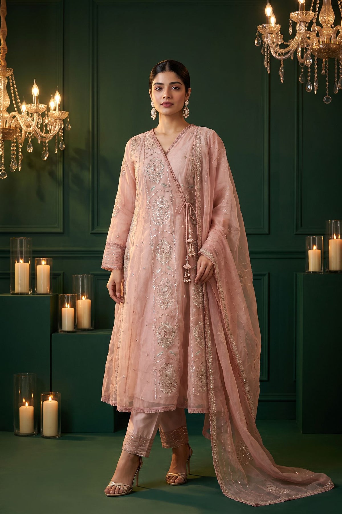 Pink Sequins Embroidered Flared Kurta with Straight Pants and Dupatta Set