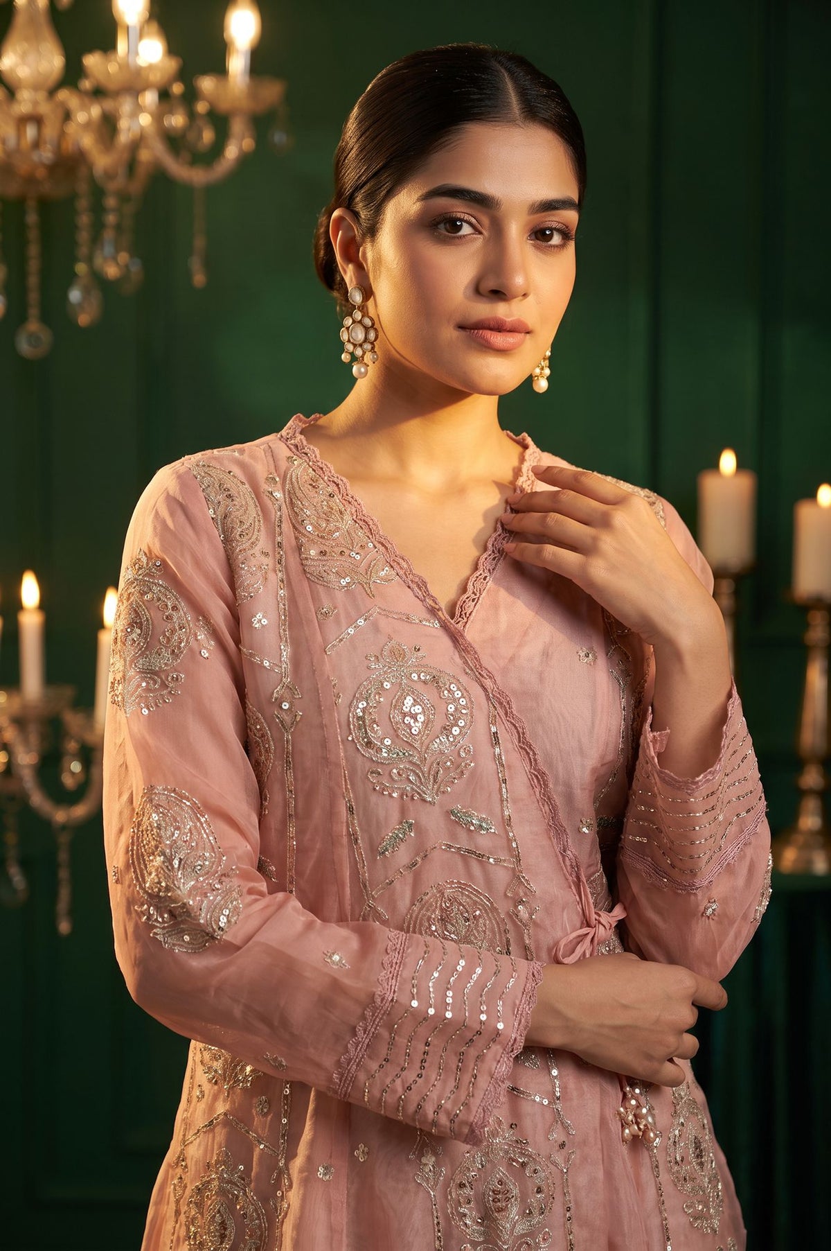 Pink Sequins Embroidered Flared Kurta with Straight Pants and Dupatta Set