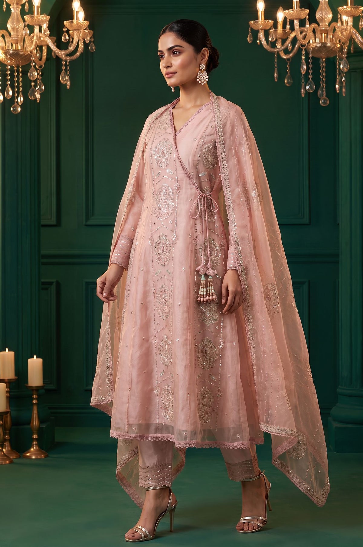 Pink Sequins Embroidered Flared Kurta with Straight Pants and Dupatta Set