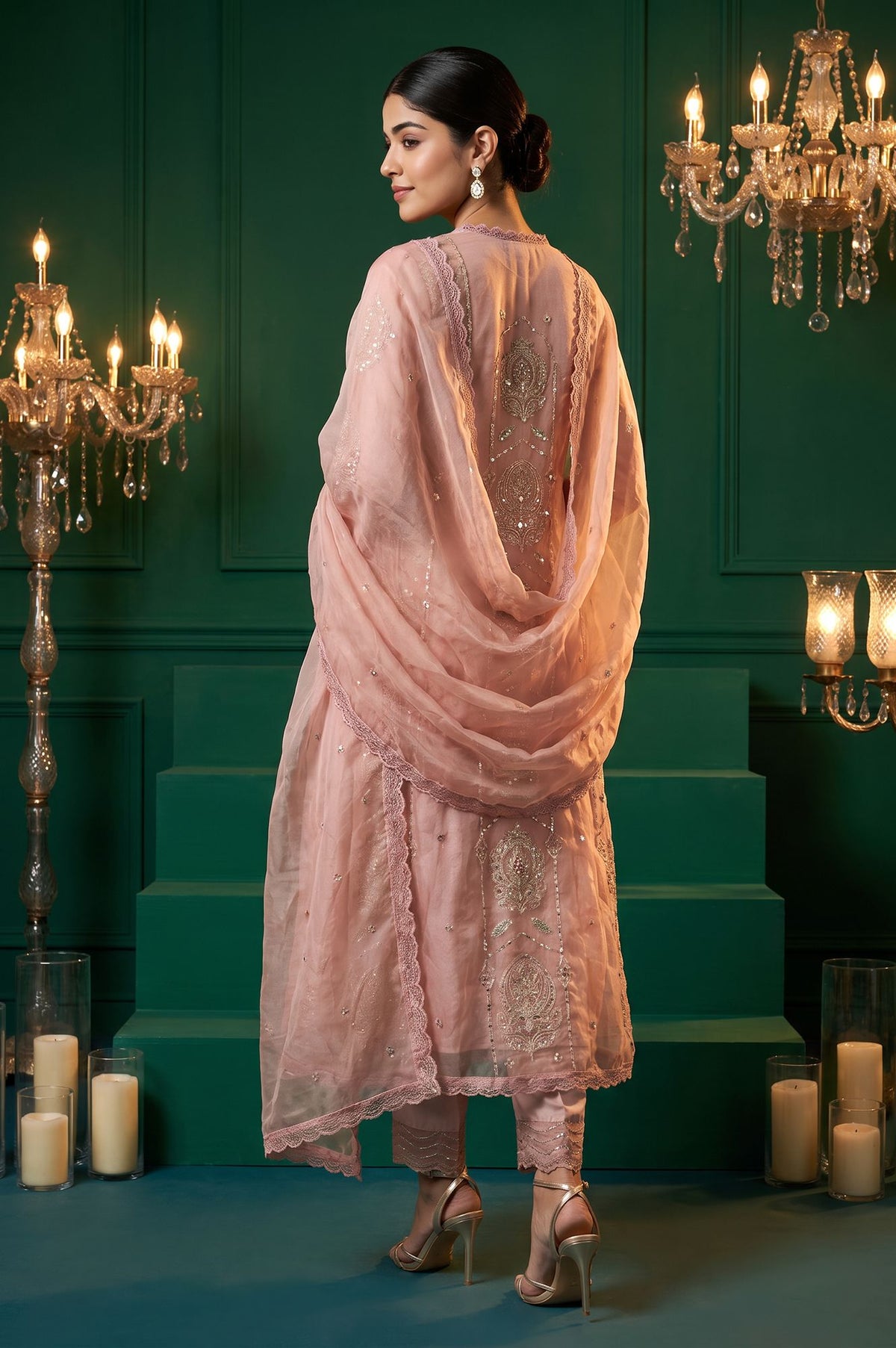 Pink Sequins Embroidered Flared Kurta with Straight Pants and Dupatta Set