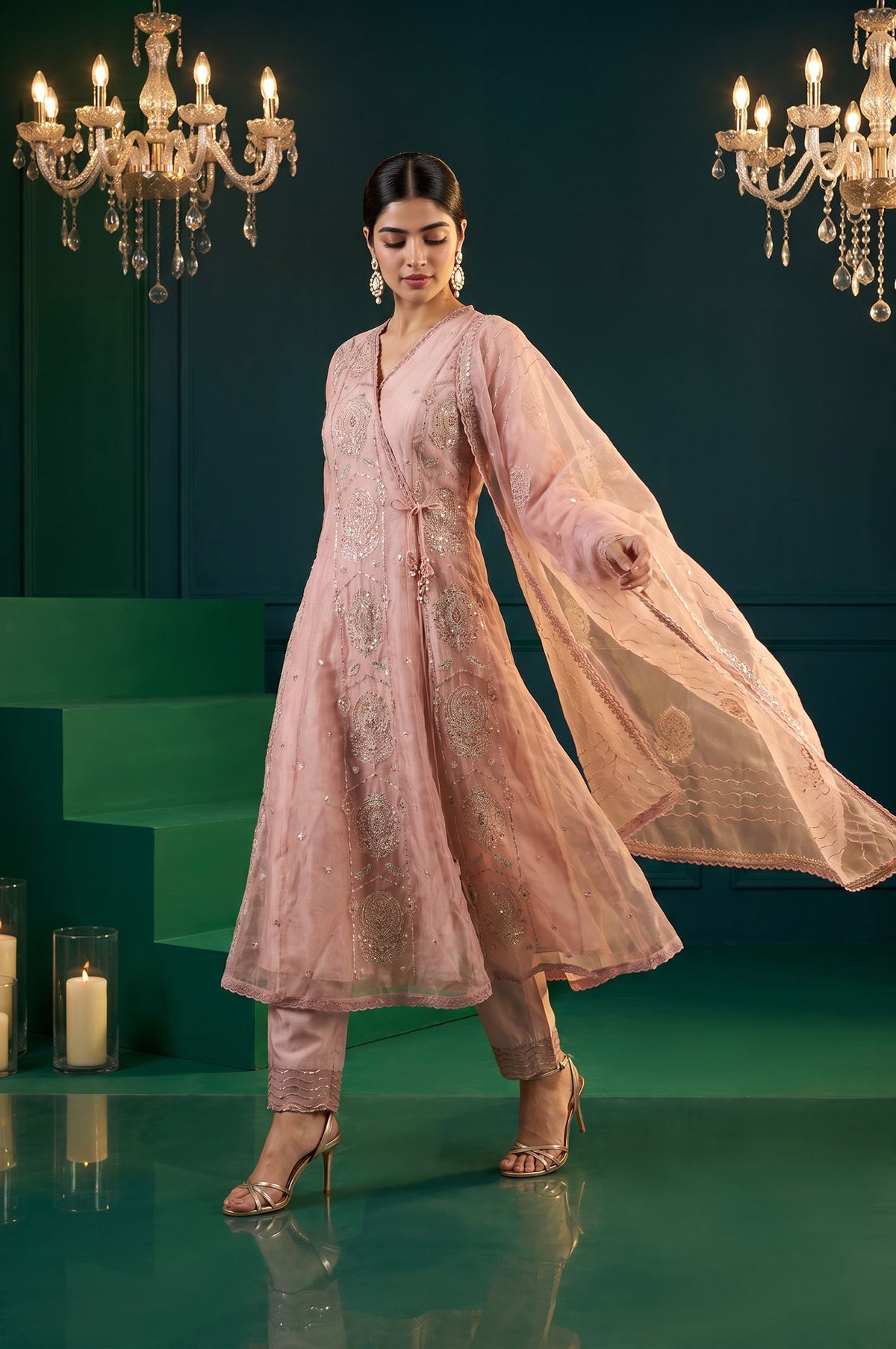Pink Sequins Embroidered Flared Kurta with Straight Pants and Dupatta Set