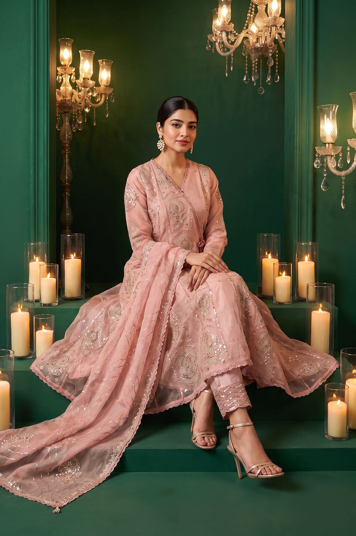 Pink Sequins Embroidered Flared Kurta with Straight Pants and Dupatta Set