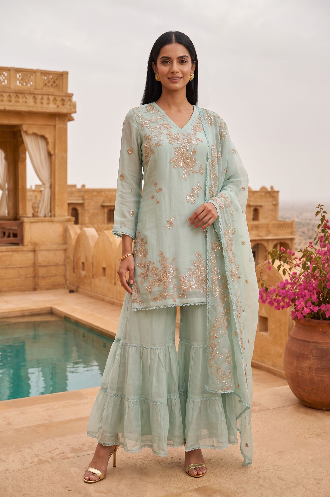 Wishful Sea Green Embroidered Organza Straight Kurta sharara set for women