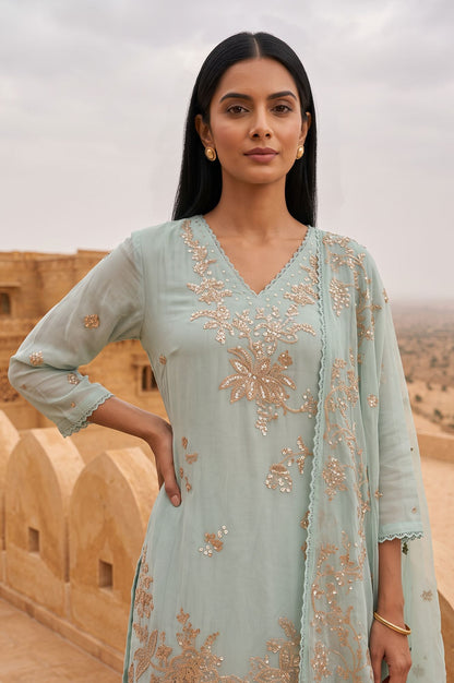 Wishful Sea Green Embroidered Organza Straight Kurta with Sharara and Dupatta Set