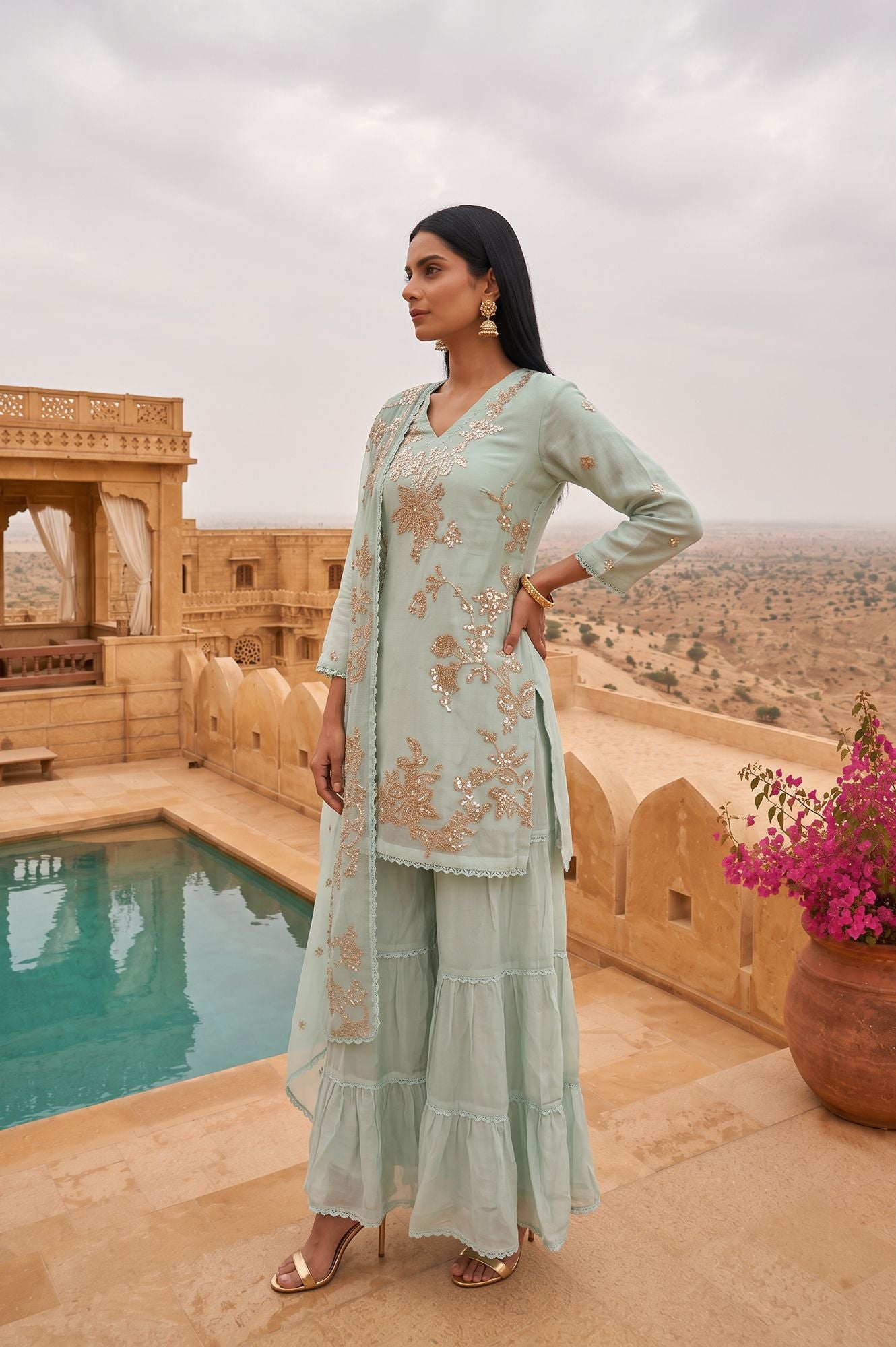 Wishful Sea Green Embroidered Organza Straight Kurta with Sharara and Dupatta Set