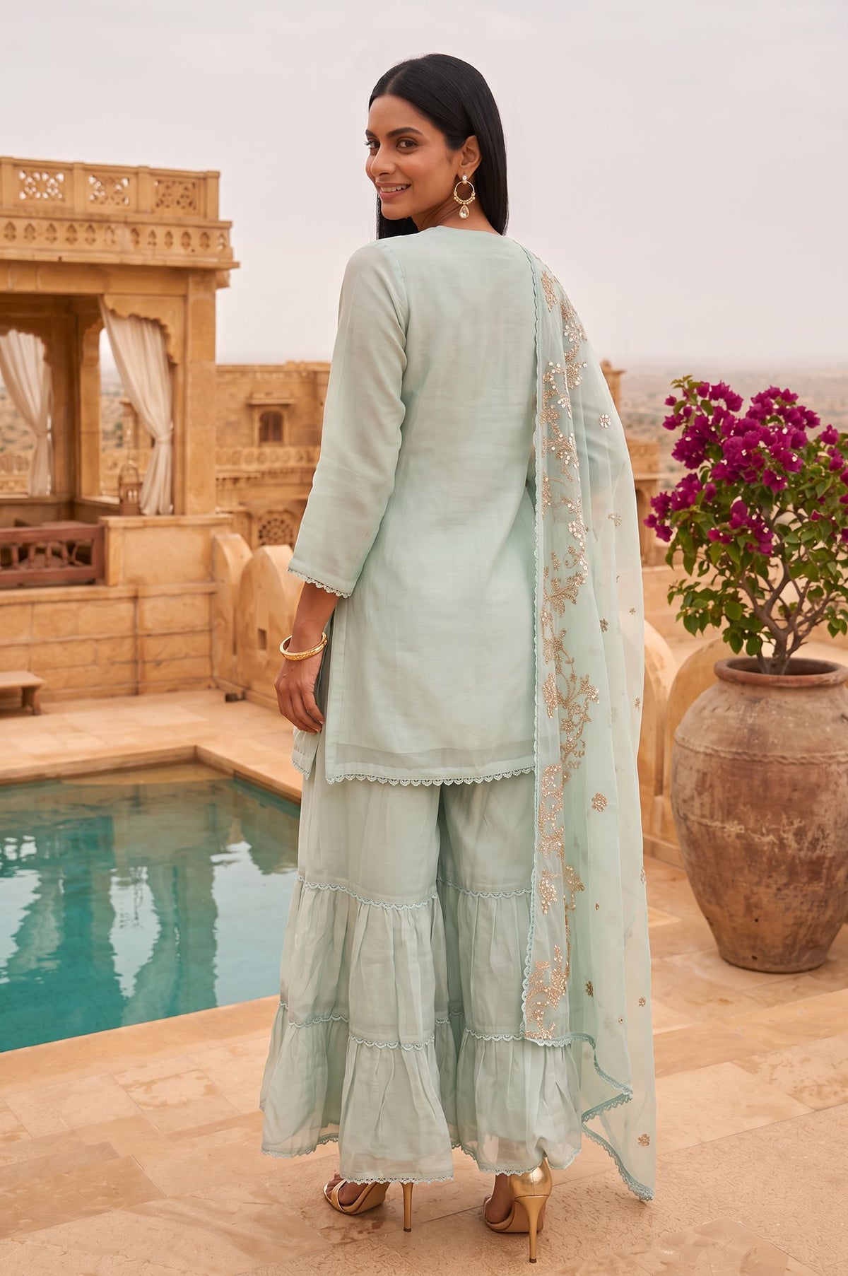 Wishful Sea Green Embroidered Organza Straight Kurta sharara set for women