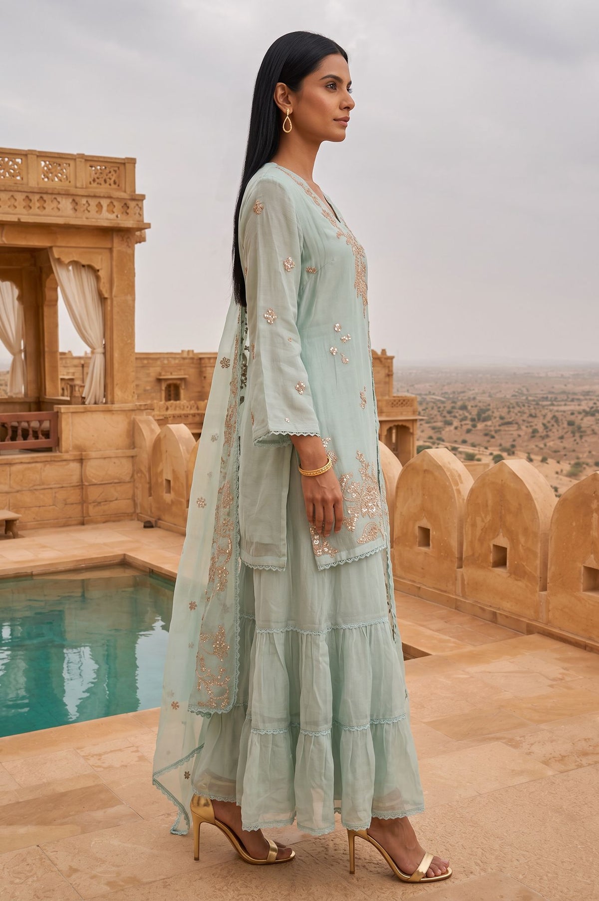 Wishful Sea Green Embroidered Organza Straight Kurta sharara set for women