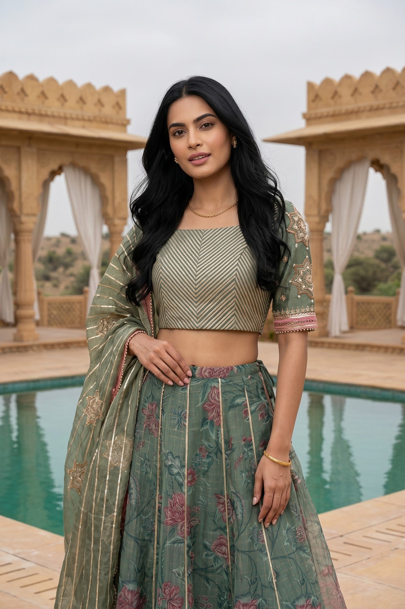 Green Embroidered Gota Patti Blouse And Lehenga Set With Dupatta