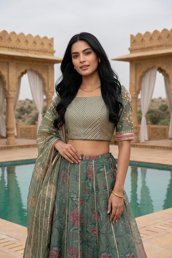 Green Embroidered Gota Patti Blouse And Lehenga Set With Dupatta