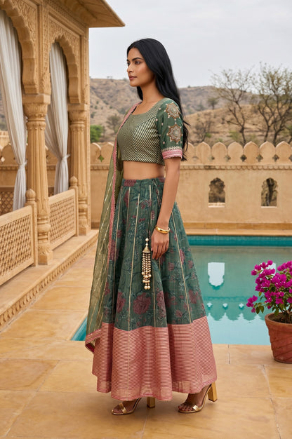 Green Embroidered Gota Patti Blouse And Lehenga Set With Dupatta
