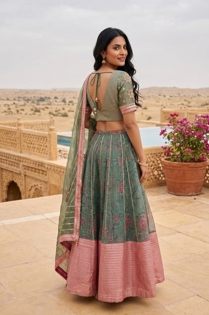 Green Embroidered Gota Patti Blouse And Lehenga Set With Dupatta