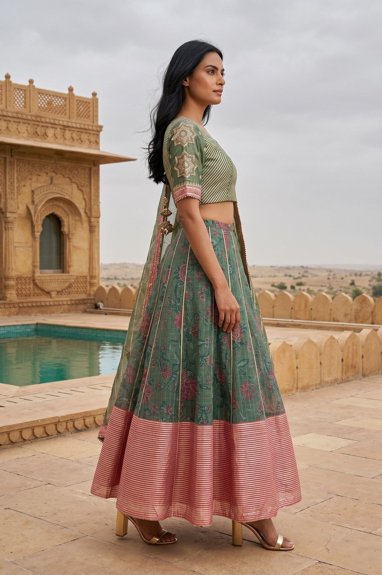 Green Embroidered Gota Patti Blouse And Lehenga Set With Dupatta