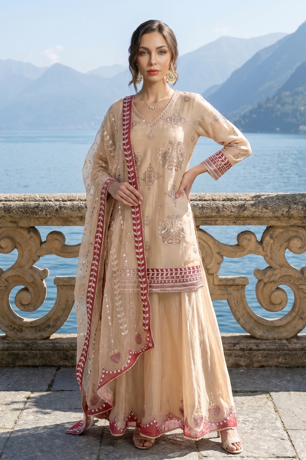 Champagne Embroidered Tissue Straight Kurta with Culottess and Dupatta Set - S