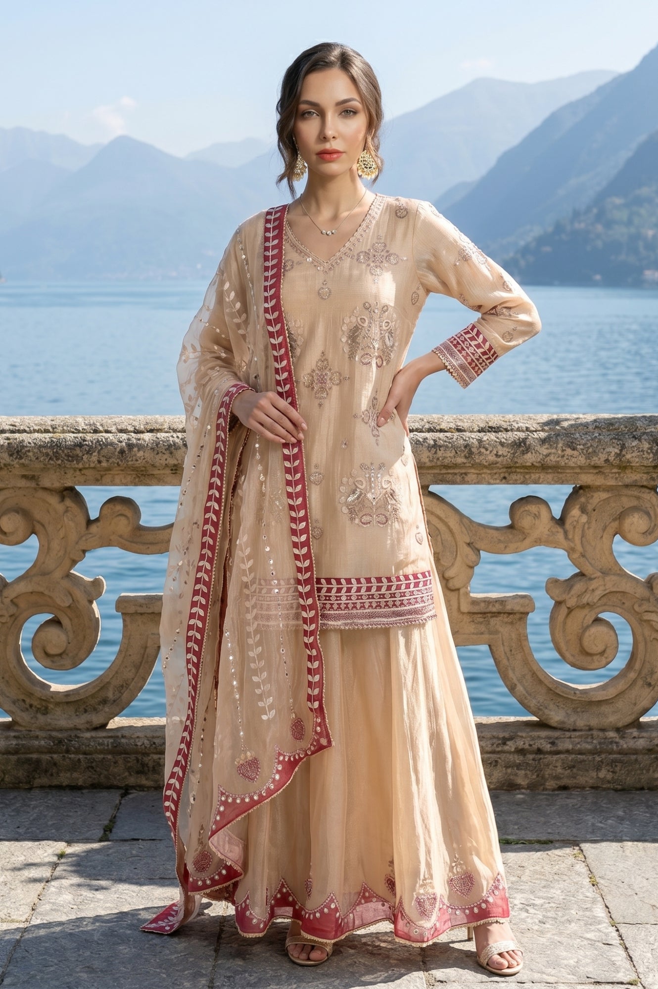 Champagne Embroidered Tissue Straight Kurta with Culottess and Dupatta Set