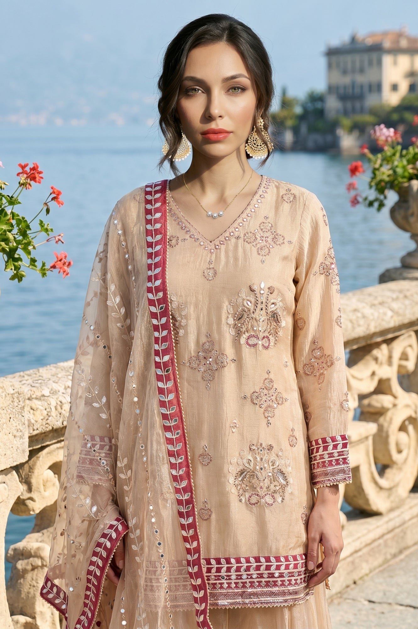 Champagne Embroidered Tissue Straight Kurta with Culottess and Dupatta Set