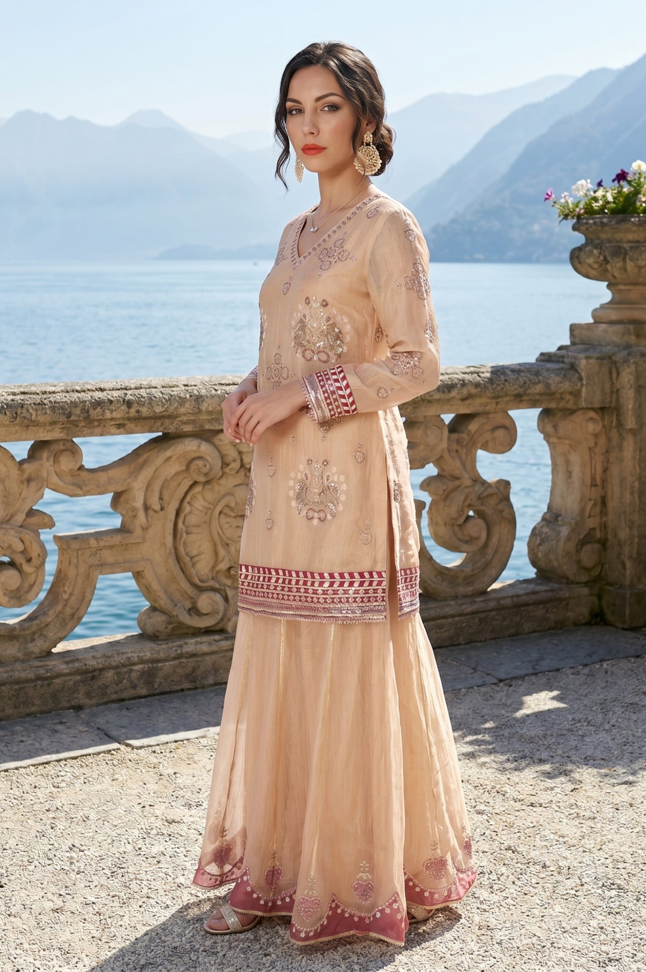 Champagne Embroidered Tissue Straight Kurta with Culottess and Dupatta Set