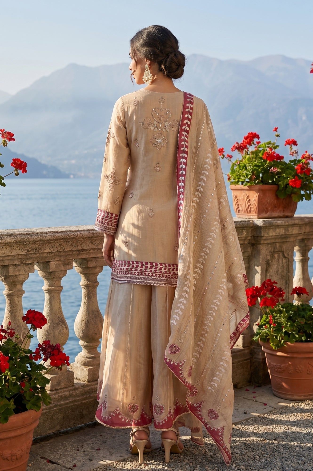 Champagne Embroidered Tissue Straight Kurta with Culottess and Dupatta Set