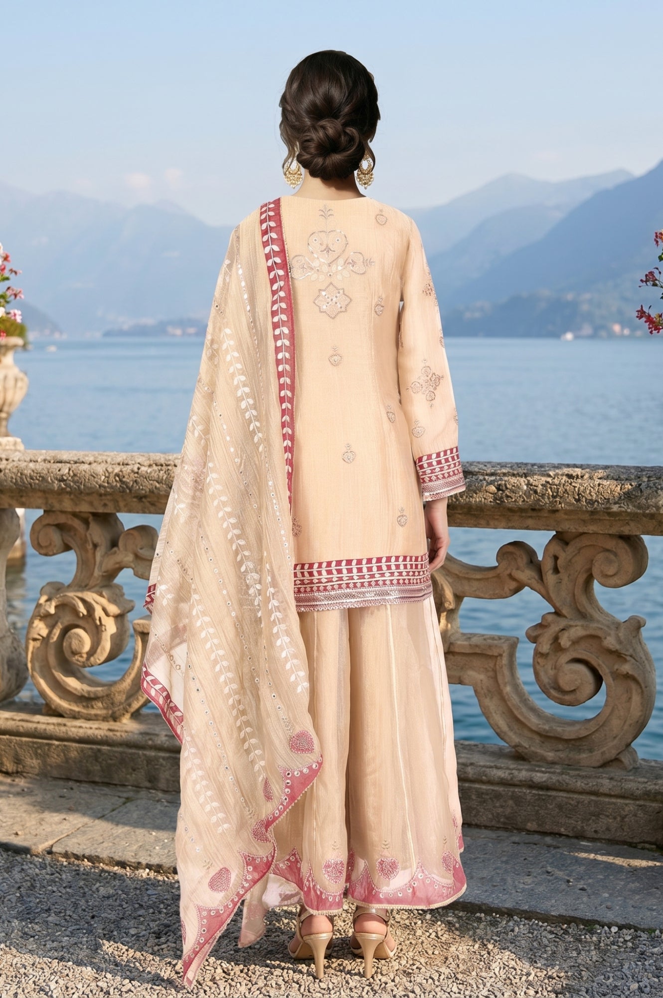 Champagne Embroidered Tissue Straight Kurta with Culottess and Dupatta Set