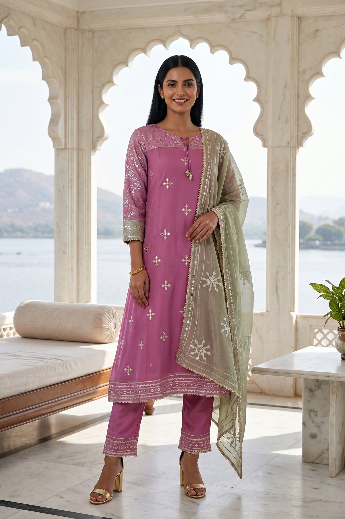 Magenta Embroidered A-line Chiffon Kurta With Straight Pants And Dupatta Set - S