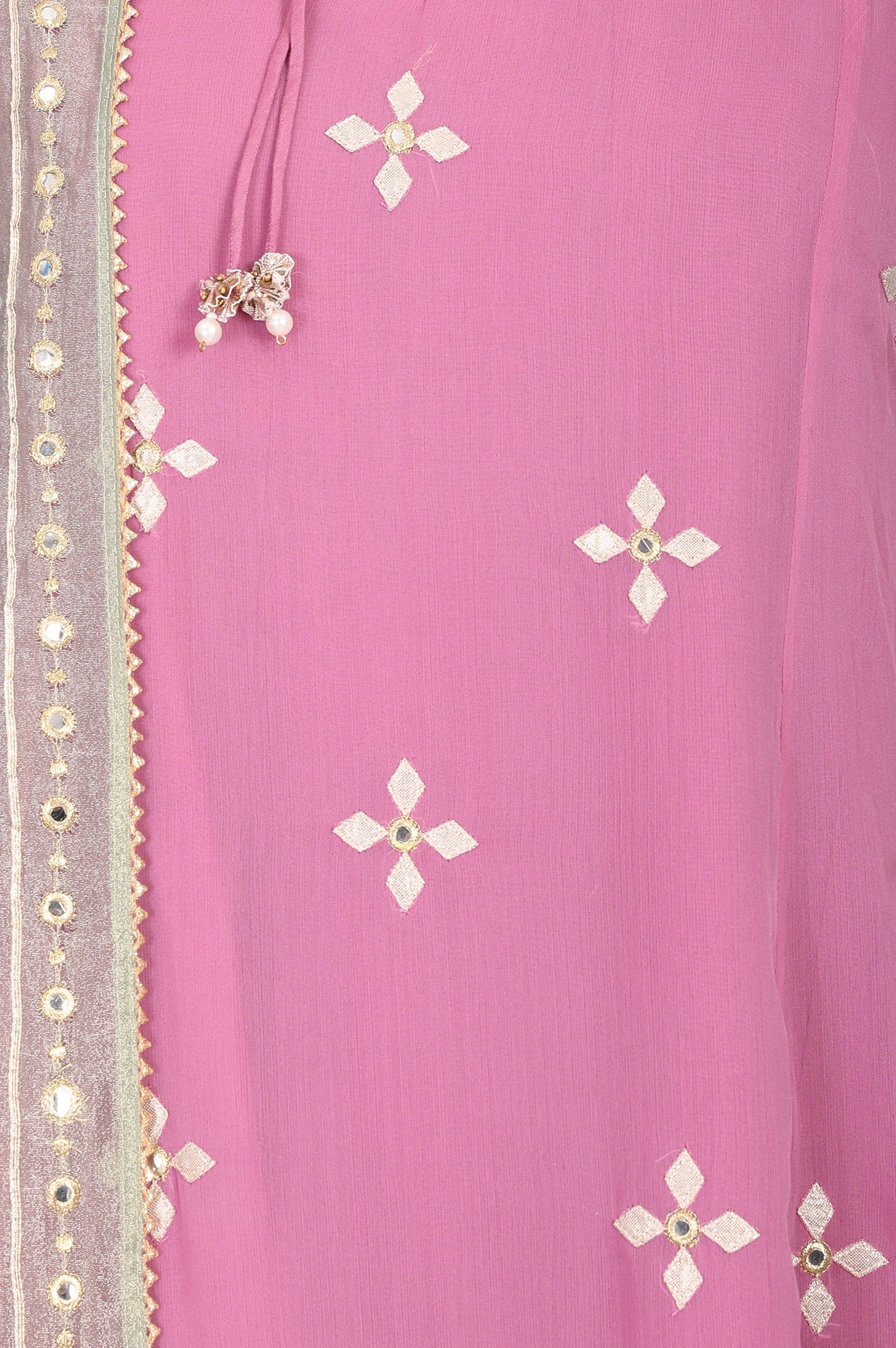 Magenta Embroidered A-line Chiffon Kurta With Straight Pants And Dupatta Set