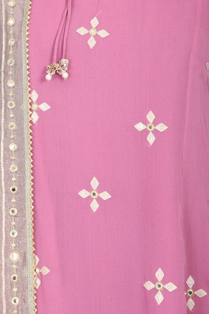 Magenta Embroidered A-line Chiffon Kurta With Straight Pants And Dupatta Set