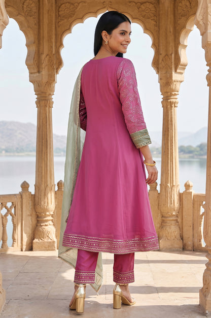 Magenta Embroidered A-line Chiffon Kurta With Straight Pants And Dupatta Set