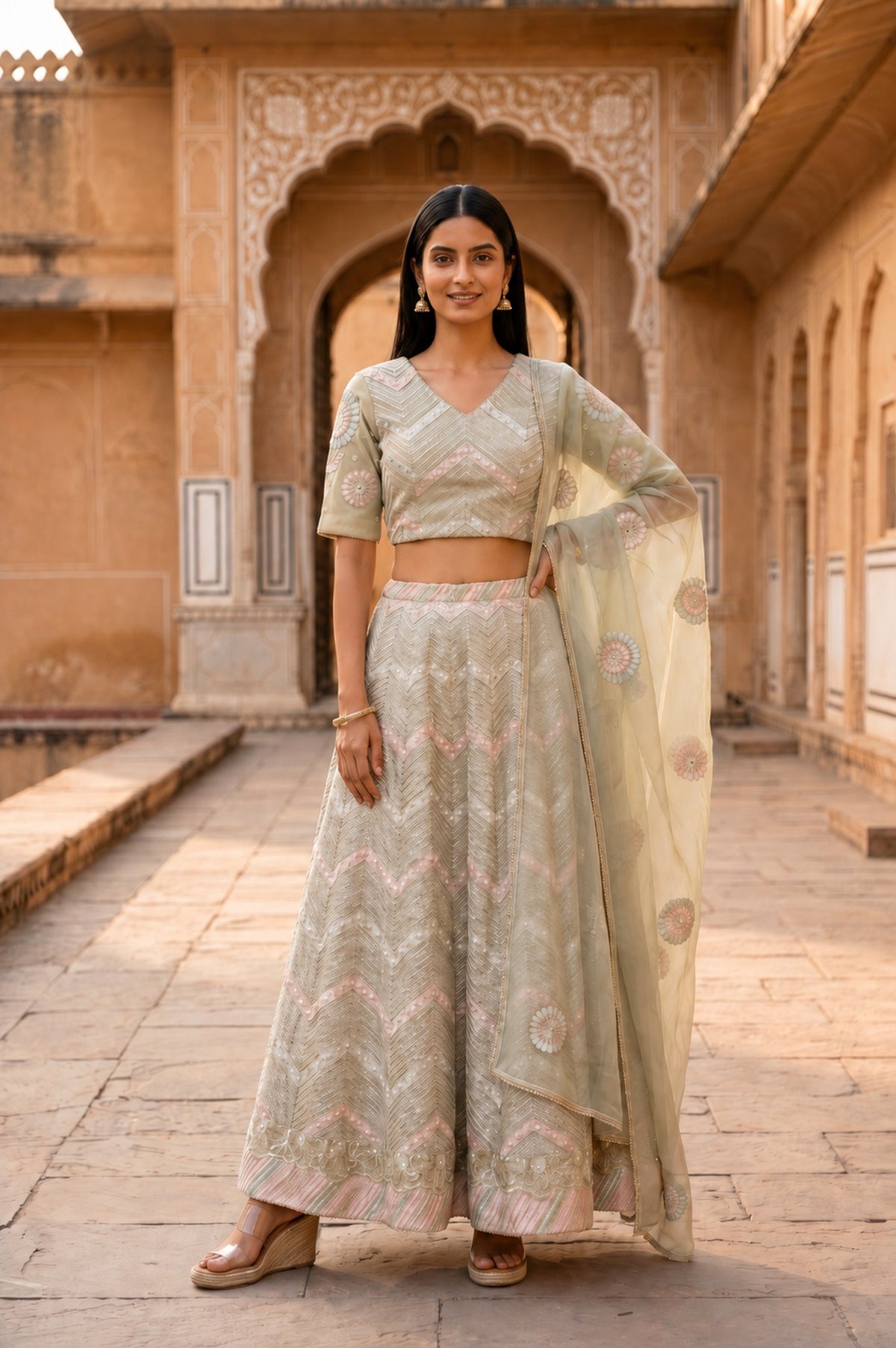 Green Zari Embroidered Blouse And Lehenga Set With Dupatta - XS