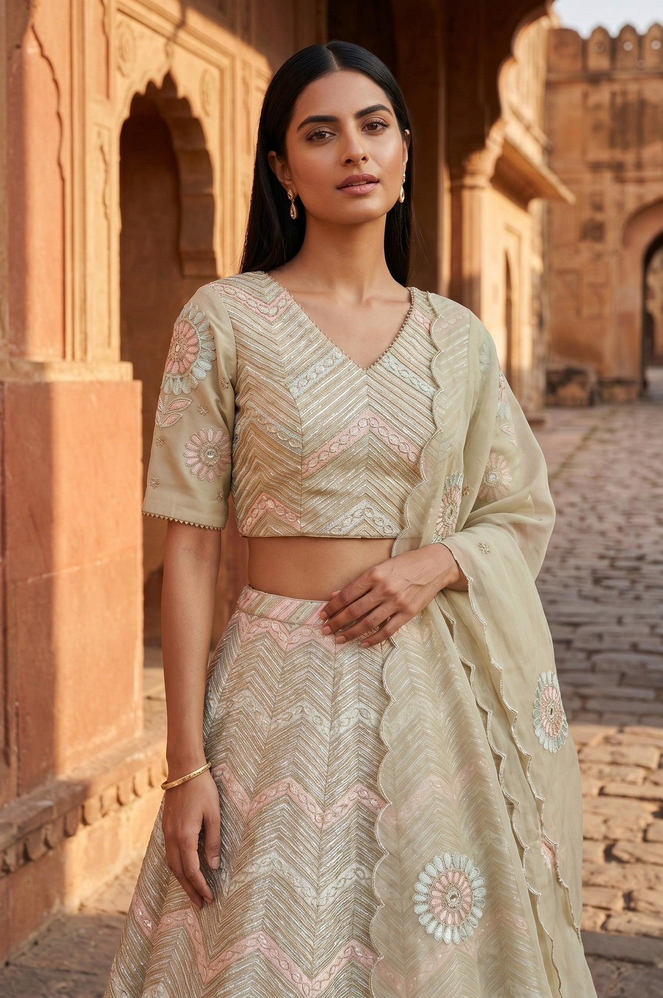 Green Zari Embroidered Blouse And Lehenga Set With Dupatta