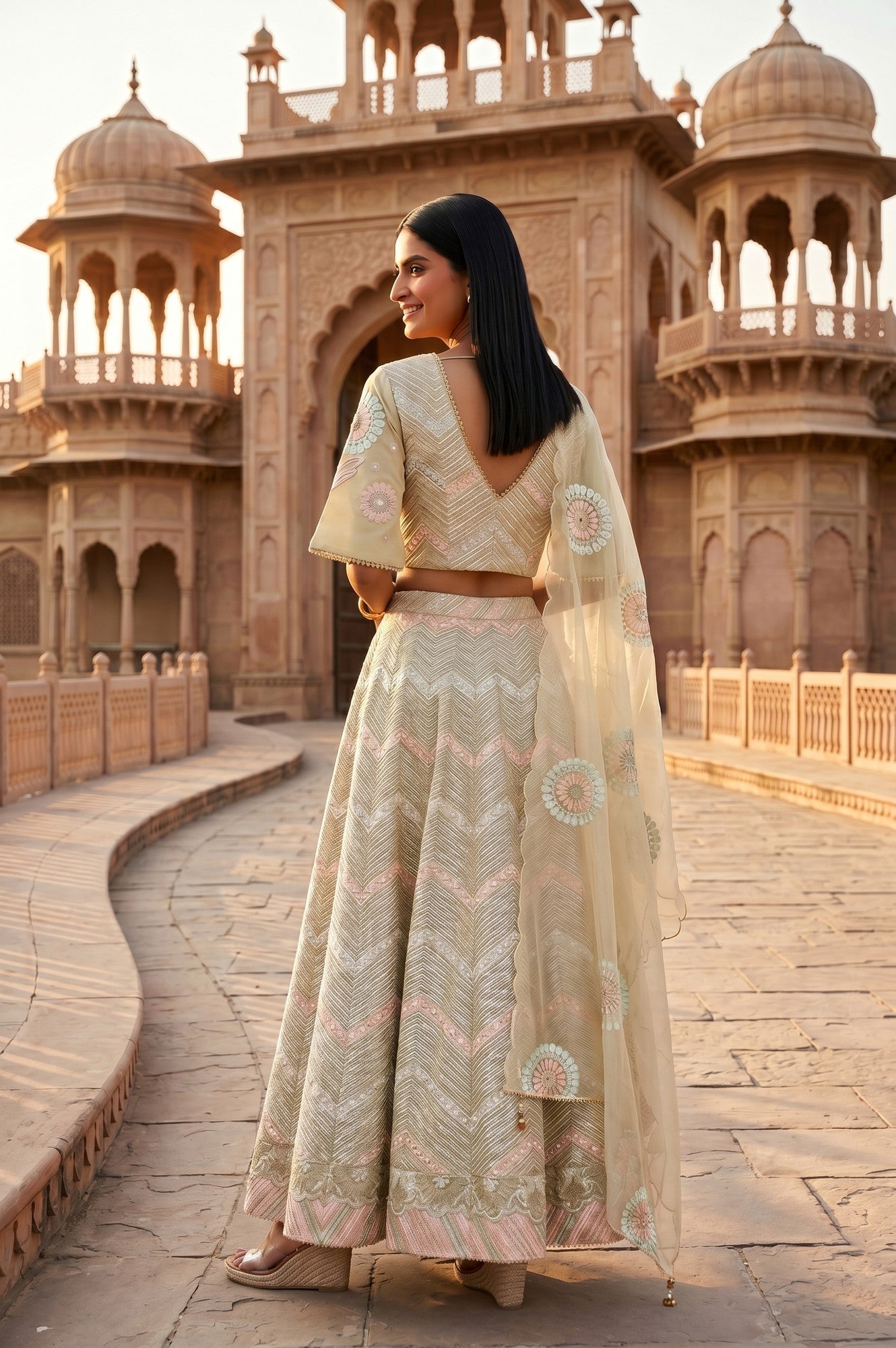Green Zari Embroidered Blouse And Lehenga Set With Dupatta