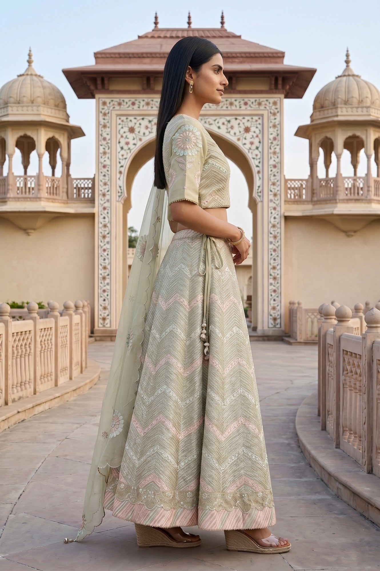 Green Zari Embroidered Blouse And Lehenga Set With Dupatta
