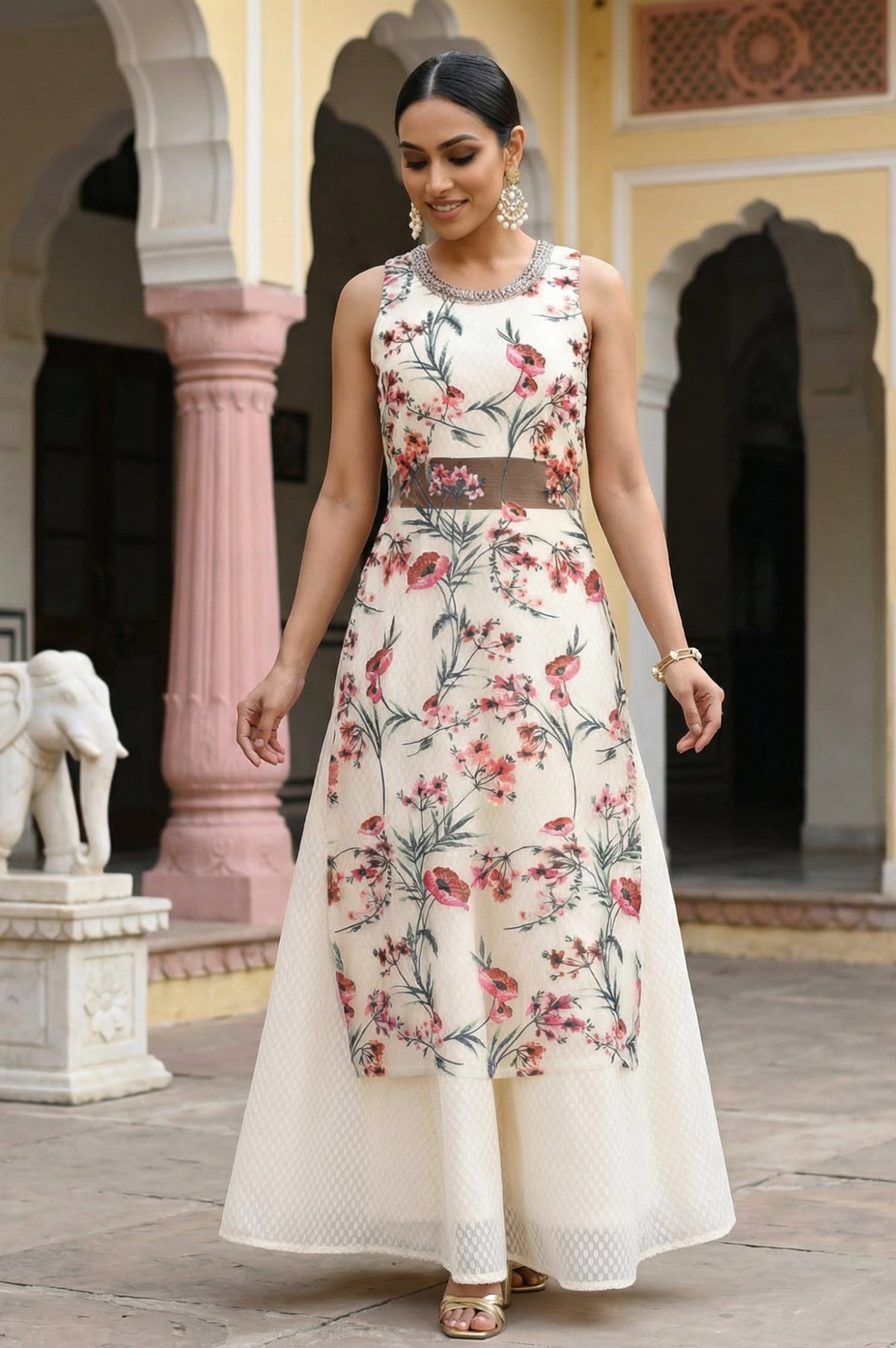 Off White Floral Thread Embroidered Mesh Sleeveless Straight Kurta with Skirt Set - XXL