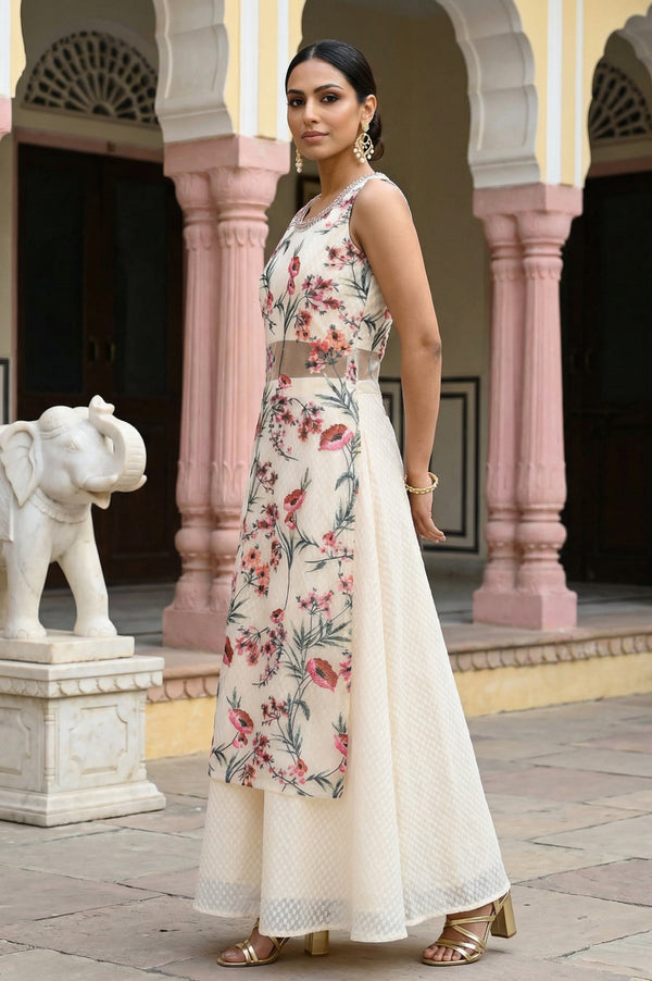 Off White Floral Thread Embroidered Mesh Sleeveless Straight Kurta with Skirt Set