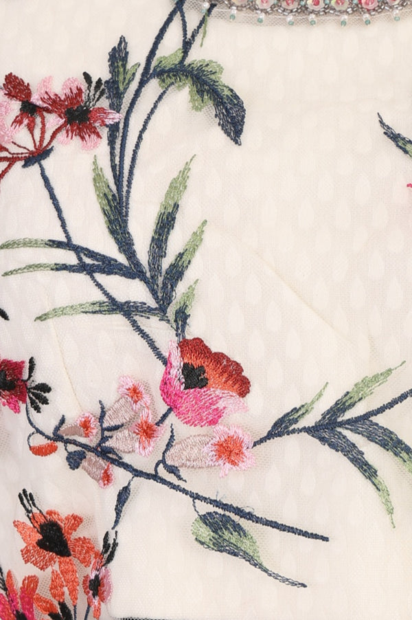 Off White Floral Thread Embroidered Mesh Sleeveless Straight Kurta with Skirt Set