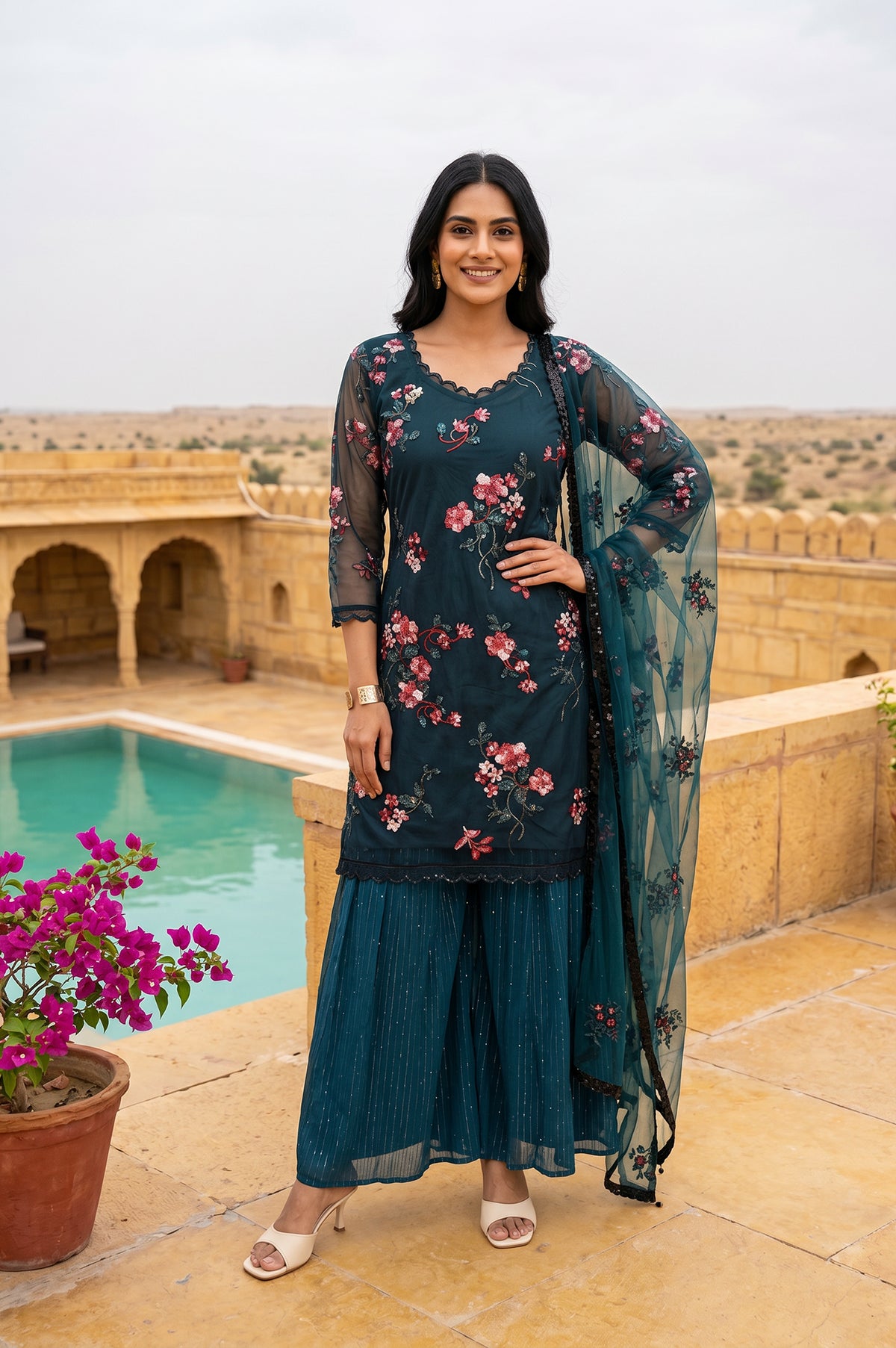 Teal Embroidered Straight Mesh Kurta With Culottes and Dupatta Set - L